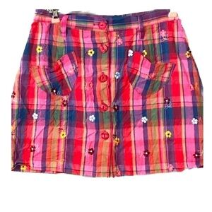 VINTAGE 80’s Esprit pink plaid skirt with embroidered flowers & button front